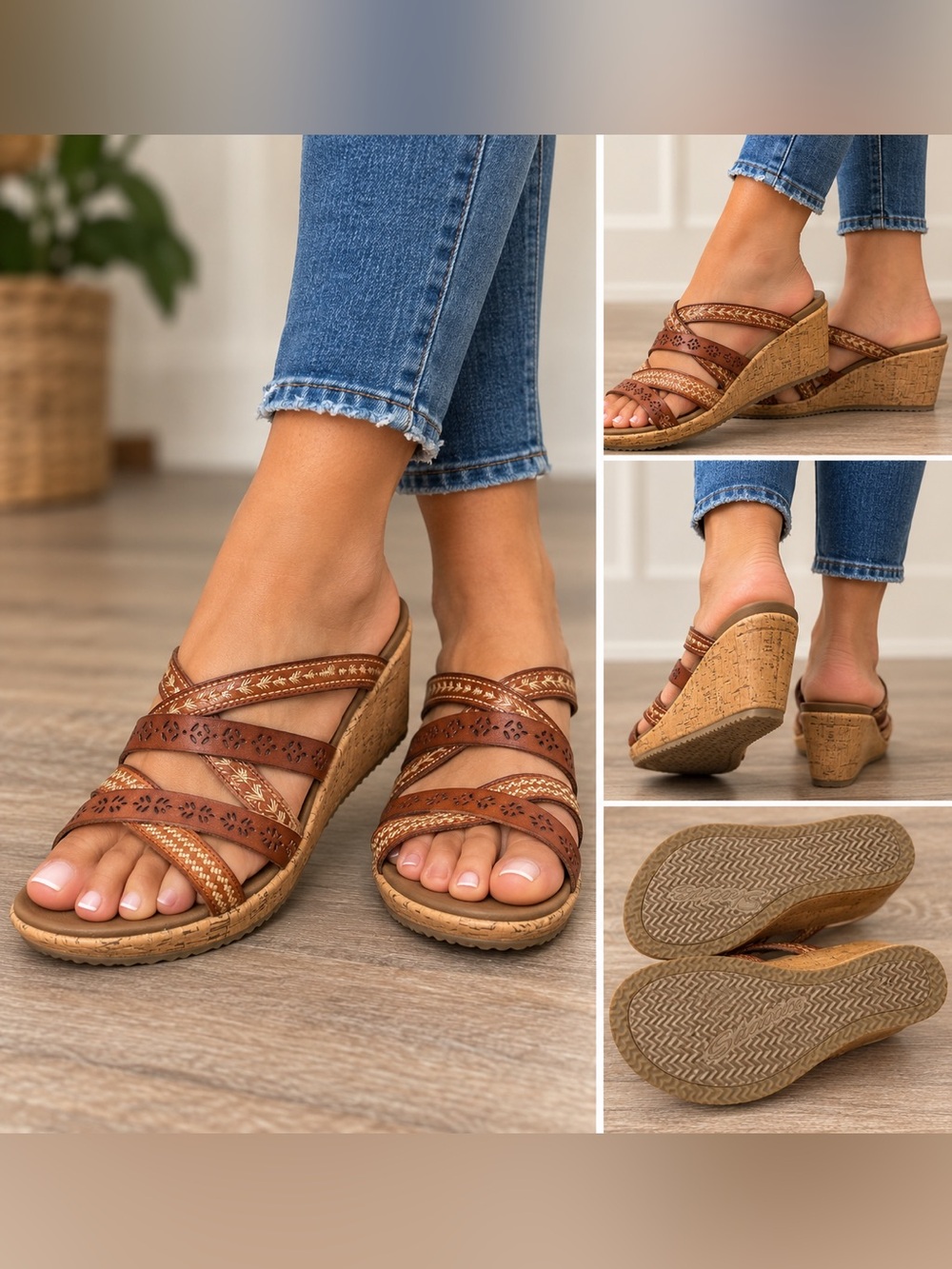 Women’s Brown Wedge Slide Sandals - Comfortable Summer Slip-Ons